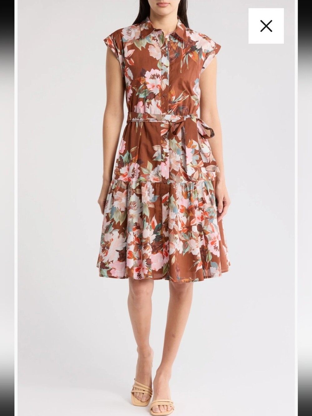 Calvin Klein Floral Tiered Midi Shirt Dress Size 12 Brown Belted Button Front
